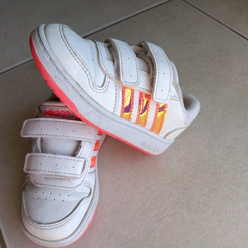 Adidas athletic shoes used, size 24, white and orange