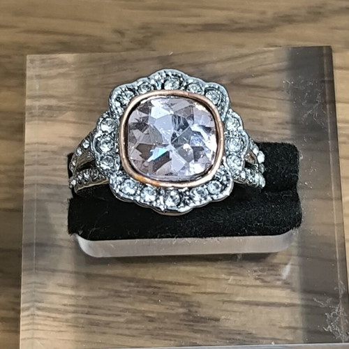 Vintage women's ring with pink stone and white zirconia, silver and rose gold color, new