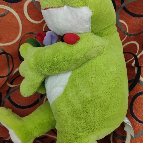 Large Plush Frog like new, soft velvet fabric, holding flowers