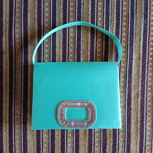 Satin bag unused with strap and chain turquoise