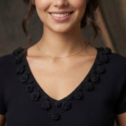 Black blouse new with decorative organza roses neckline, size M