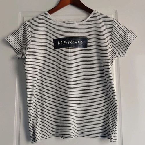 Mango cotton striped T-shirt with metallic logo print, navy