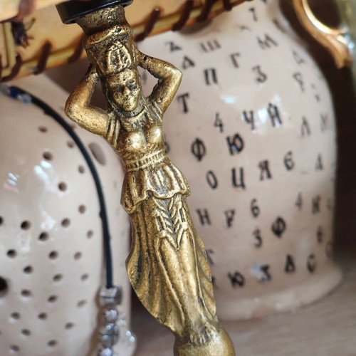 Vintage bronze lamp with natural leather lampshade Art Nouveau style like new