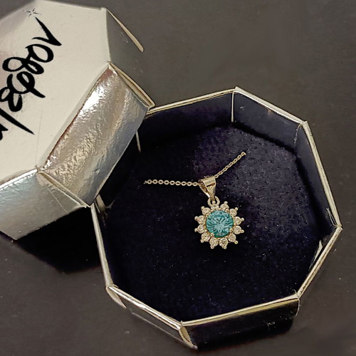 Ocean Dahlia silver necklace with 6mm aquamarine and zircon stones new