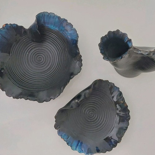 Set of 3 used clay decorative items with porcelain, blue-light blue-black