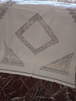 Large Azur Tablecloth with White Crochet, New, 1.25x1.25 and 1.35x1.25 m