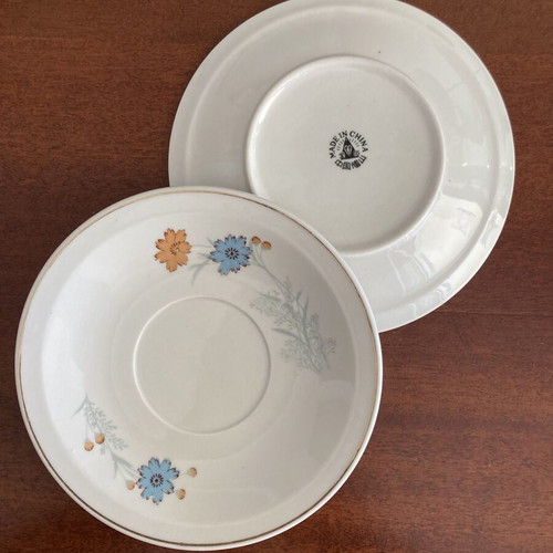 Pair Vintage Boshan China Floral Porcelain Saucers