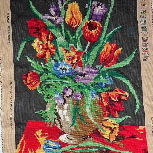 Handmade textile painting with floral design
