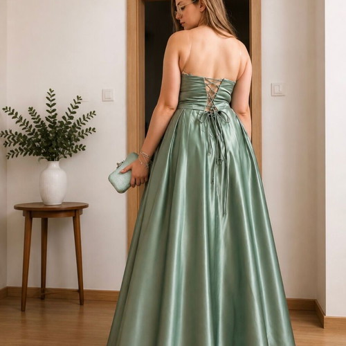 Long satin dress size L, sage green with stones and pearls on bust