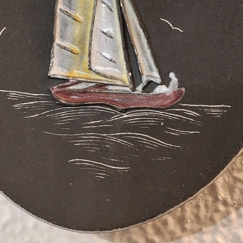 Vintage ceramic wall plate with sailboat like new, 60s