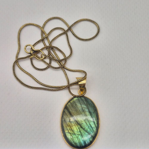 Labradorite Cabochon Brass Necklace new, brass chain