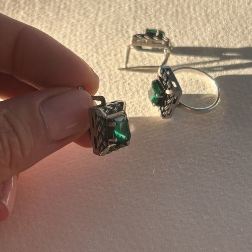 Vintage 925 Silver Ring and Earrings Set with Green Emerald Stones