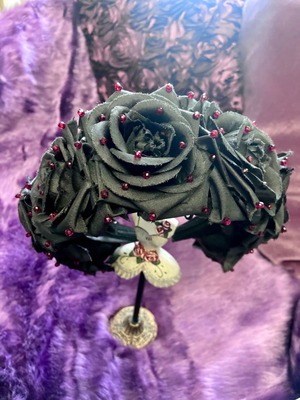 Handmade gothic headband with black roses and burgundy beads new