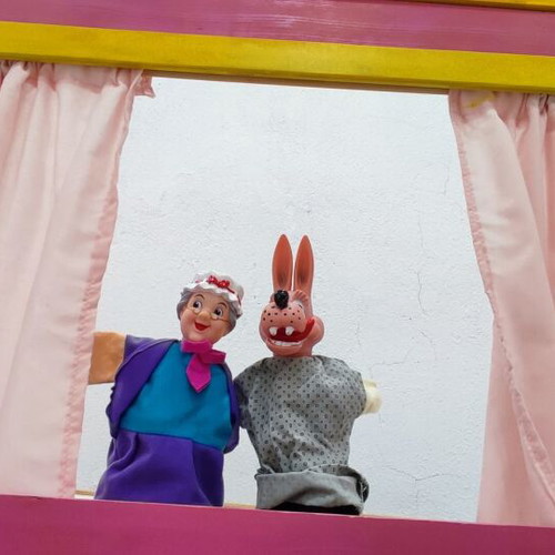 Handmade wooden puppet theater like new, foldable with figures