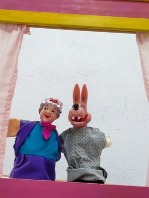 Handmade wooden puppet theater like new, foldable with figures