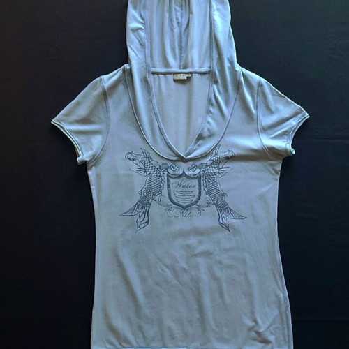 Nile Y2K women's t-shirt with hood and draped V neckline, like new, dusty blue, size L