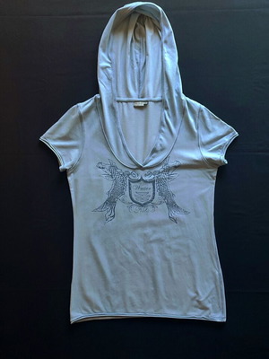Nile Y2K women's t-shirt with hood and draped V neckline, like new, dusty blue, size L