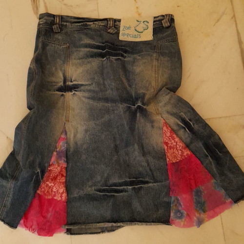 Jeans skirt with pink lace, worn, size approximately M