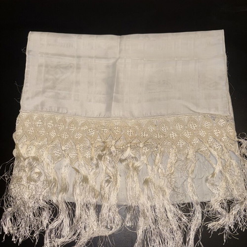 White table runner with woven design and handmade lace fringe, new