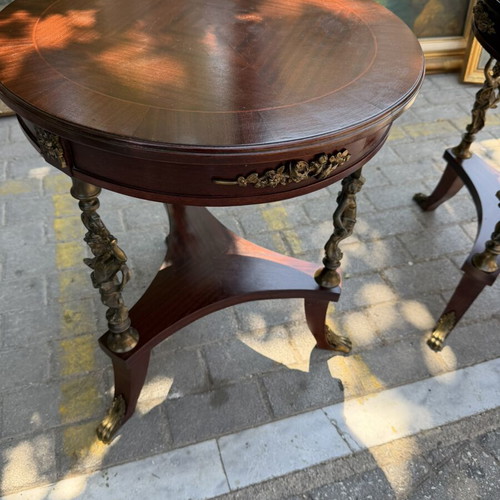 French coffee tables like new with bronze cherubs and lion paw legs, pair