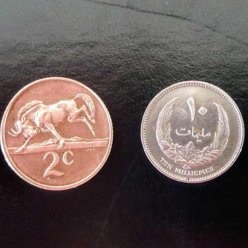South Africa 2 Cents and Libya 10 Milliemes coins like new