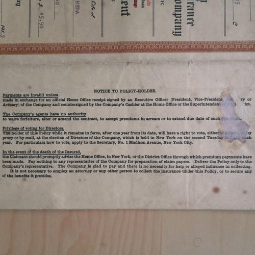 Life insurance policy used, 20 years, collectible from 1917