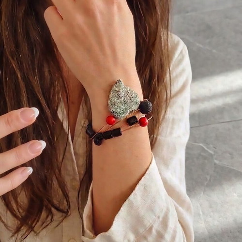 Handmade Lava Stone Bracelet and Ring Set, Black and Red