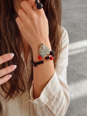 Handmade Lava Stone Bracelet and Ring Set, Black and Red