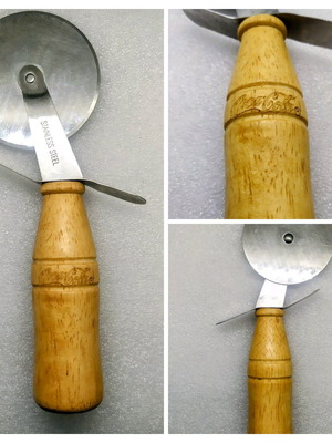 Pizza cutter with wooden handle shaped like Coca-Cola bottle new