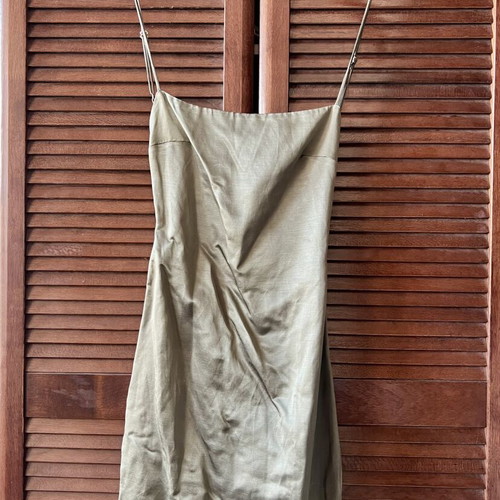 Zara khaki dress with open back, satin texture, XS