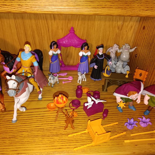 Mattel Disney Hunchback Notre Dame figure lot with Esmeralda, Phoebus, Frollo, gargoyles, horses