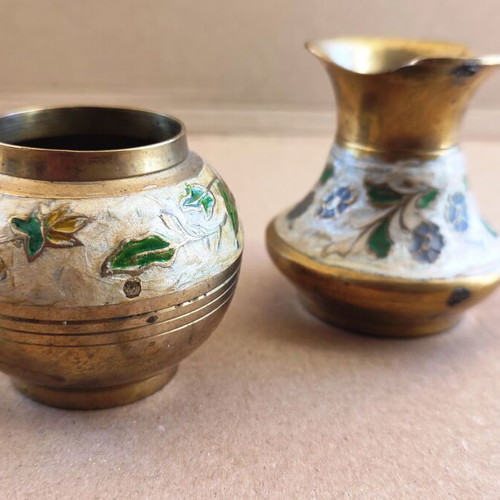 Brass decorative containers used with enamel, set of 2 vintage 1960s–70s