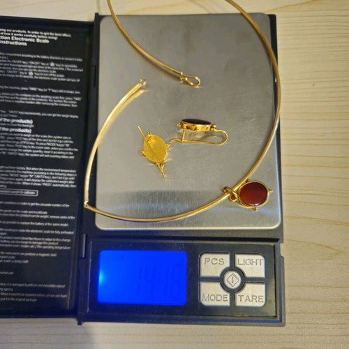Gold torque necklace 14K and earrings 14K with semi-precious stones, like new