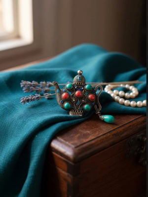 Ασημένια καρφίτσα αντίκα μεταχειρισμένη με καρνεόλη και τυρκουάζ