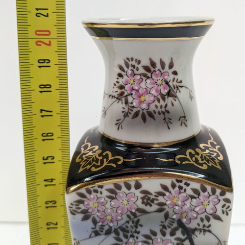Japanese decorative vase and saucer like new, 1960s with blossoming almond tree and gold details