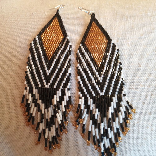 Ethnic long earrings black, white and gold rice beads, new
