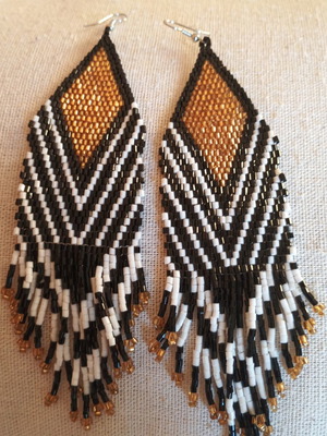 Ethnic long earrings black, white and gold rice beads, new