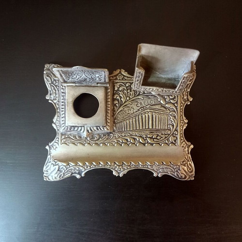 Vintage metal desk set with inkwell and embossed Parthenon used