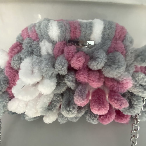 Handmade puffy bag with chain, like new, gray and pink