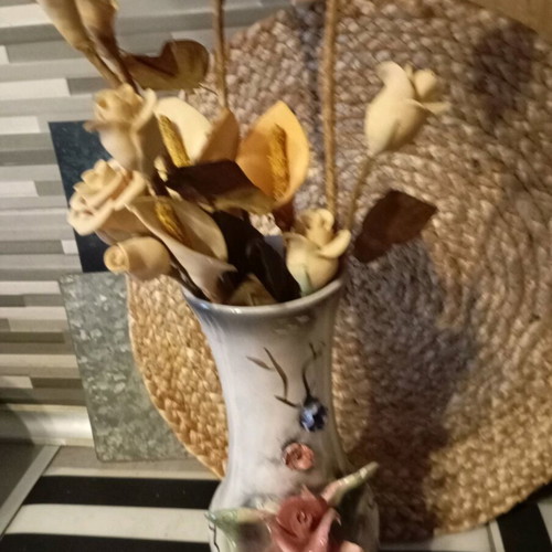 Vintage gypsum flowers used with faience vase