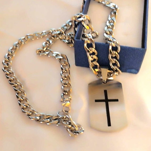 Stainless Steel Cross Necklace with Black Details new