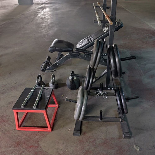 Home Gym Set like new with Viking bench, weights, kettlebells, plyo box
