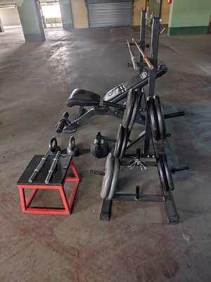 Home Gym Set like new with Viking bench, weights, kettlebells, plyo box