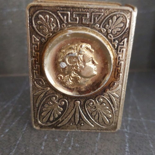 Vintage metal matchbox holder used, Alexander the Great and White Tower