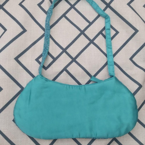 Satin evening shoulder bag new, sky blue with decorative beads