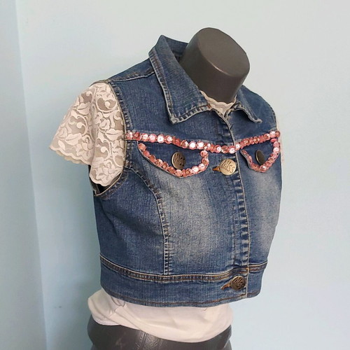 Miss Latina denim vest with pink stones like new, sizes L to XXL