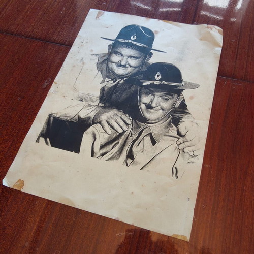 Vintage Laurel & Hardy charcoal portrait from Great Guns (1941) used