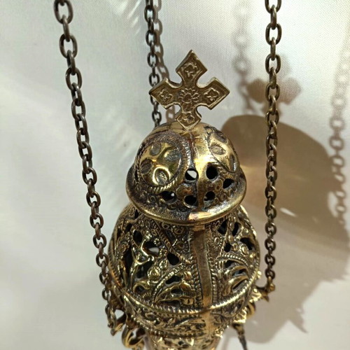 Bronze hanging lamp used with depiction of Saint George