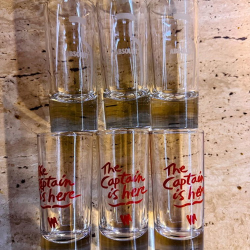 Set of 6 collectible Absolut Vodka & Kapten & Son shooter glasses new