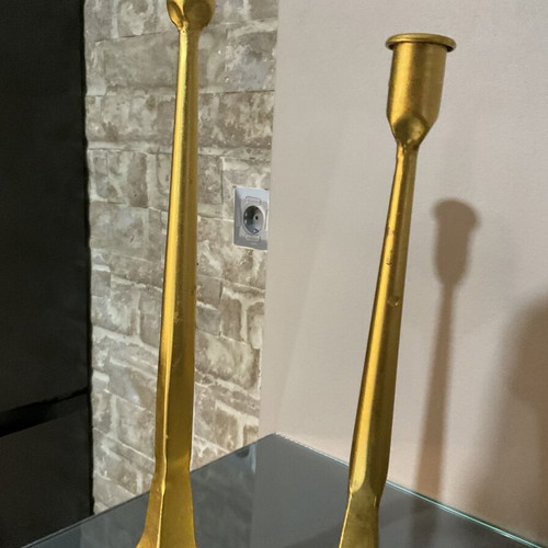Set of two brass candlesticks with 24k gold leaf